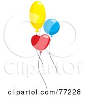 Poster, Art Print Of Three Yellow Blue And Red Heart Round And Oval Party Balloons