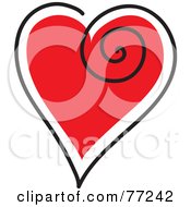 Red Heart Outlined In White And Black With A Swirl