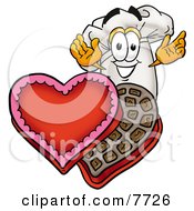 Poster, Art Print Of Chefs Hat Mascot Cartoon Character With An Open Box Of Valentines Day Chocolate Candies