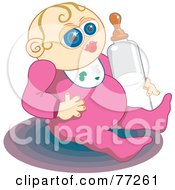 Poster, Art Print Of Blue Eyed Baby Girl In A Pink Onesie Holding A Bottle