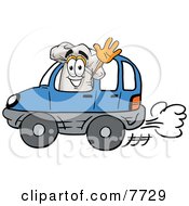 Chefs Hat Mascot Cartoon Character Driving A Blue Car And Waving