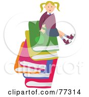 Poster, Art Print Of Happy Blond School Girl Sitting On A Stack Of Large Books