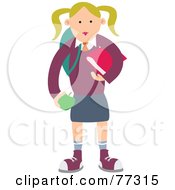 Poster, Art Print Of Happy Blond School Girl Carrying An Apple And Book