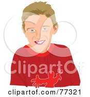 Poster, Art Print Of Happy Dirty Blond Boy Wearing A Red Shirt