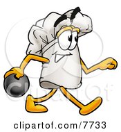 Chefs Hat Mascot Cartoon Character Holding A Bowling Ball