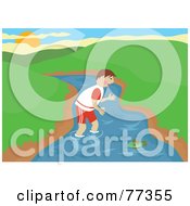 Royalty Free RF Clipart Illustration Of A Boy Wading In The A And Trying To Catch A Fish With His Bare Hands