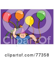 Poster, Art Print Of Party Boy Wearing A Hat And Holding Colorful Balloons Over Purple