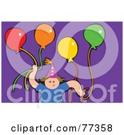 Royalty Free RF Clipart Illustration Of A Party Boy Wearing A Hat And Holding Colorful Balloons Over Purple by Prawny