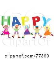 Poster, Art Print Of Group Of Diverse Children Spelling Happy