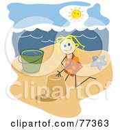 Poster, Art Print Of Happy Blond Stick Girl Making A Sand Castle With A Pail On A Beach