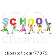 Royalty Free RF Clipart Illustration Of A Diverse Group Of Children Spelling Out School