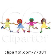 Poster, Art Print Of Group Of Four Happy Diverse Children Holding Hands And Running