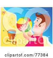 Royalty Free RF Clipart Illustration Of A Young Man Holding A Beach Ball By A Bucket At A Beach