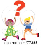 Poster, Art Print Of Boy And Girl Running Under A Red Question Mark