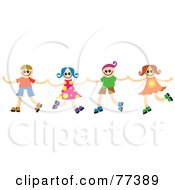 Poster, Art Print Of Four Happy Kids Holding Hands And Dancing