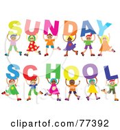 Diverse Group Of Children Holding Letters Spelling Out Sunday School