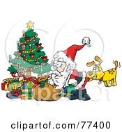 Poster, Art Print Of Dog Biting Santas Butt As He Unloads Presents Under A Christmas Tree