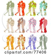 Digital Collage Of Twelve Silhouetted Patterned Couples Kissing