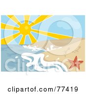 Royalty Free RF Clipart Illustration Of The Sun Shining Over The Ocean Surf Washing Up On The Shore By A Red Starfish by Prawny
