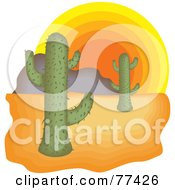 Poster, Art Print Of Desert Landscape With A Sunset Sun Over Cactus Plants