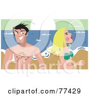 Poster, Art Print Of Flirty Young Couple Walking Past Each Other On A Beach