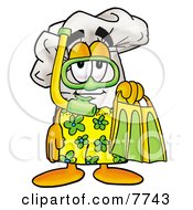 Poster, Art Print Of Chefs Hat Mascot Cartoon Character In Green And Yellow Snorkel Gear