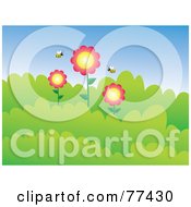 Royalty Free RF Clipart Illustration Of Two Bees Around Three Flowers In Bushes