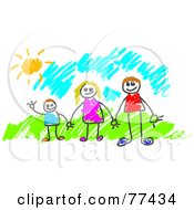 Poster, Art Print Of Stick People Family Of Three Holding Hands Outside