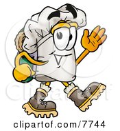 Chefs Hat Mascot Cartoon Character Hiking And Carrying A Backpack