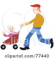 Father Pushing His Baby Girl In A Stroller