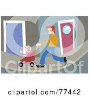 Royalty Free RF Clipart Illustration Of A Dad Pushing His Baby Girl In A Pram On A Sidewalk