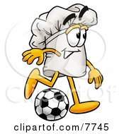 Chefs Hat Mascot Cartoon Character Kicking A Soccer Ball