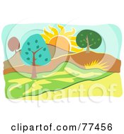 Royalty Free RF Clipart Illustration Of A Sun Over A Landscape Of Hills And Trees