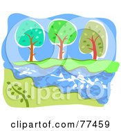 Royalty Free RF Clipart Illustration Of A Rural Landscape A Stream Running Past Trees