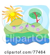 Royalty Free RF Clipart Illustration Of A Sun Peaking Over Hills Flowers And A Tree By A Stream