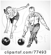Digital Collage Of A Retro Black And White Man And Woman Bowling
