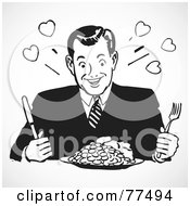 Black And White Retro Man Sitting In Front Of A Dinner Plate