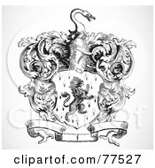 Royalty Free RF Clipart Illustration Of A Black And White Lion Shield With A Helmet Banner And Vines by BestVector