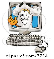 Clipart Picture Of A Chefs Hat Mascot Cartoon Character Waving From Inside A Computer Screen