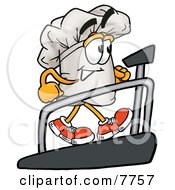 Chefs Hat Mascot Cartoon Character Walking On A Treadmill In A Fitness Gym