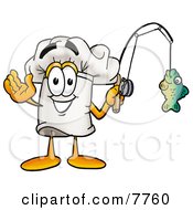 Chefs Hat Mascot Cartoon Character Holding A Fish On A Fishing Pole