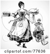 Royalty Free RF Clipart Illustration Of A Digital Collage Of Historical Women Riding A Bike And Serving Food by BestVector