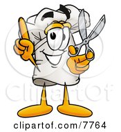 Chefs Hat Mascot Cartoon Character Holding A Pair Of Scissors