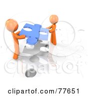 Royalty Free RF Clipart Illustration Of Two 3d Orange Factor Men Using A Blue Piece To Complete A White Jigsaw Puzzle