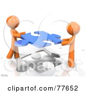Royalty Free RF Clipart Illustration Of Two 3d Orange Factor Men Inserting A Blue Piece Into A Jigsaw Puzzle