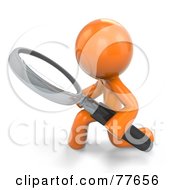 3d Orange Factor Man Kneeling And Using A Magnifying Glass