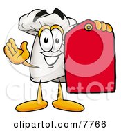 Chefs Hat Mascot Cartoon Character Holding A Red Sales Price Tag