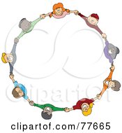 Circle Of Diverse Happy Cartoon Children Holding Hands And Looking Up