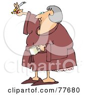 Poster, Art Print Of Senior Woman Smoking A Cigarette And Drinking Coffee In A Robe
