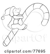 Black And White Outline Of A Christmas Teddy Bear Riding A Candy Cane